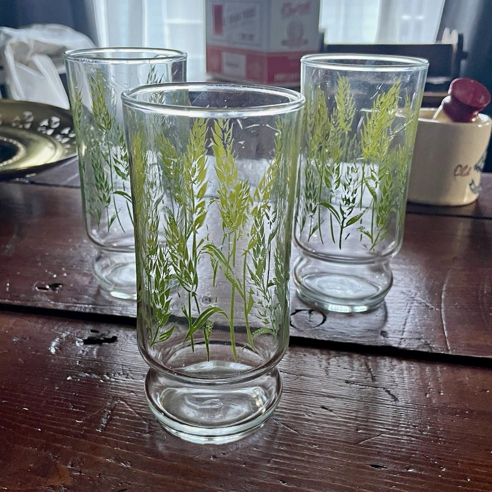 Vintage Libbey Spring Wheat Glasses: Green Ombre Botanical Drinkware, Set of 3